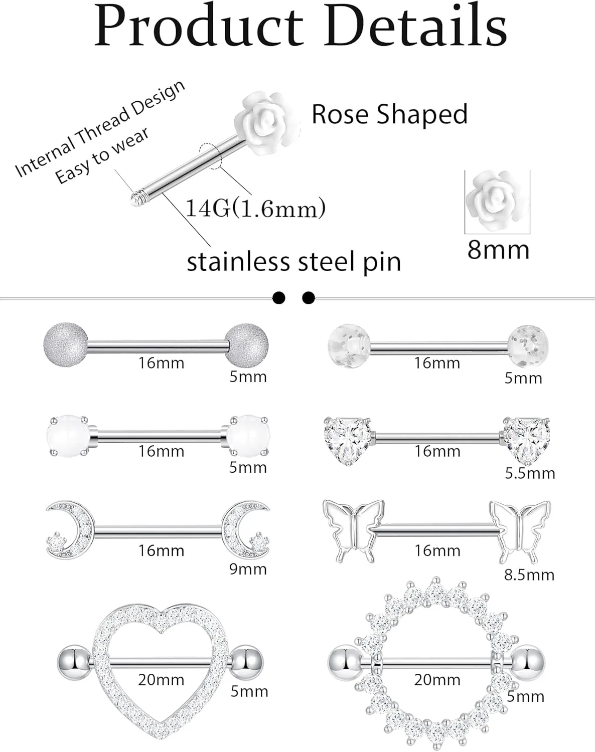 9 Pairs 14G Stainless Steel Nipple Rings Tongue Ring Straight Nipple Barbells Cute Butterfly Rose Opal Moon Heart CZ Body Piercing Jewelry for Women Pink Silver Tone