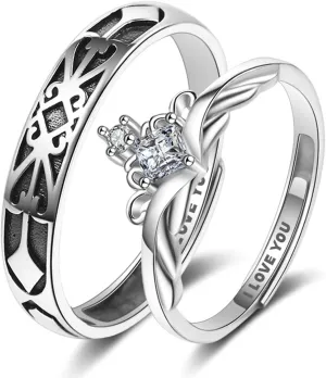 925 Engagement Rings for Women, Promise Ring Adjustable 2PCS Cubic Zirconia Sterling Silver Princess and Knight for Couple Men Anniversary Jewelry