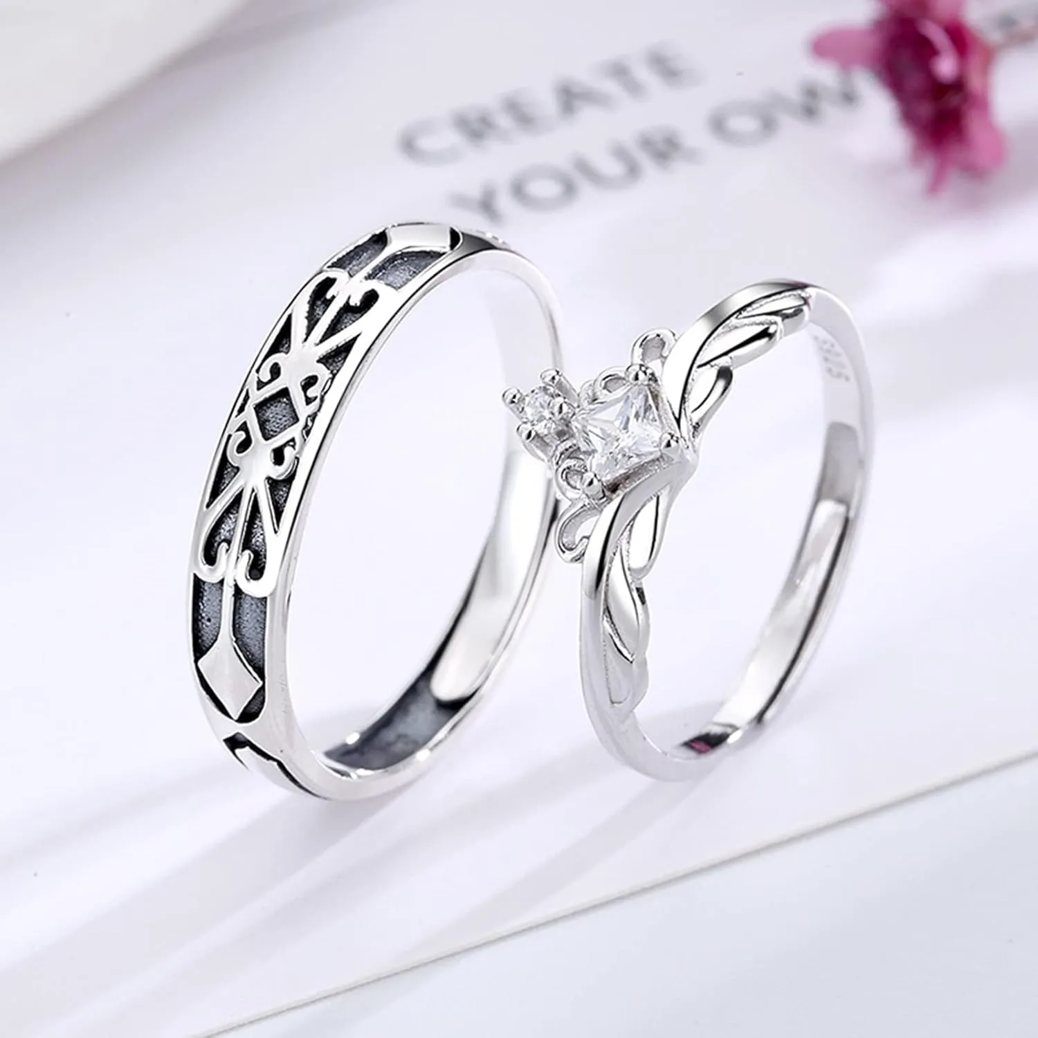 925 Engagement Rings for Women, Promise Ring Adjustable 2PCS Cubic Zirconia Sterling Silver Princess and Knight for Couple Men Anniversary Jewelry