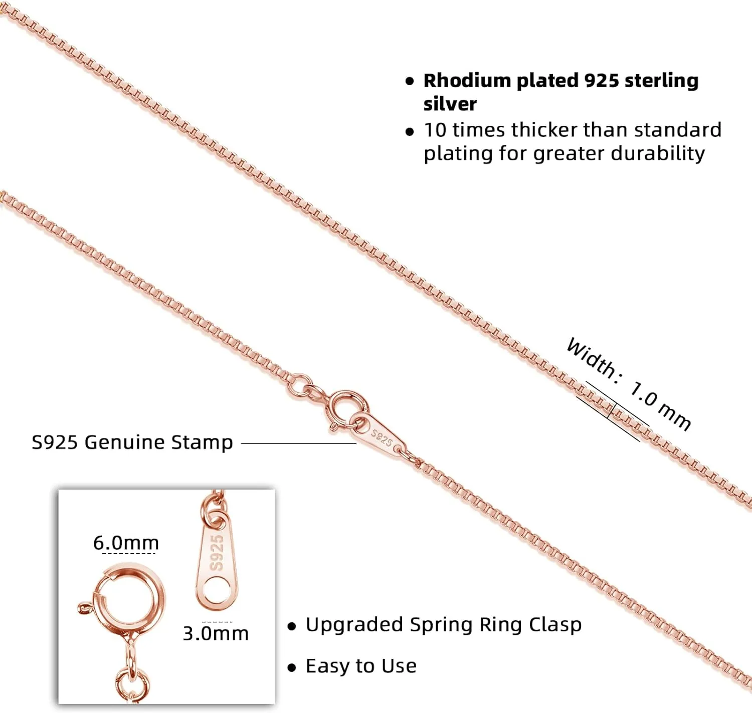 925 Sterling Silver 1.0mm Box Chain Necklace for Women, 18K Gold, Rose Gold, White Gold Plated Thin Dainty Women's Chain Necklaces 16 18 20 22 24 Inch