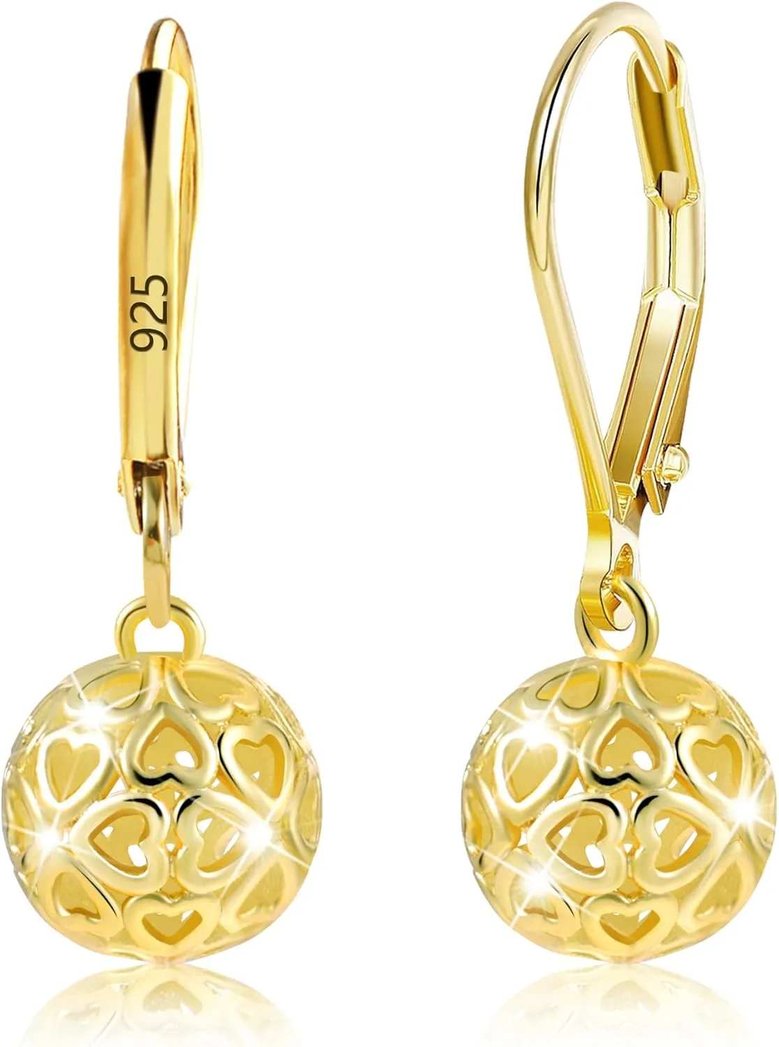 925 Sterling Silver 14K Gold French Style Leverback Earrings, Heart Dangle Drop Earrings for Women Hypoallergenic Jewelry