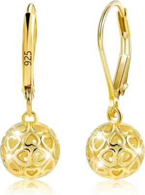 925 Sterling Silver 14K Gold French Style Leverback Earrings, Heart Dangle Drop Earrings for Women Hypoallergenic Jewelry