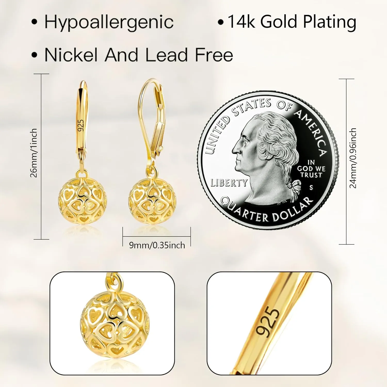 925 Sterling Silver 14K Gold French Style Leverback Earrings, Heart Dangle Drop Earrings for Women Hypoallergenic Jewelry