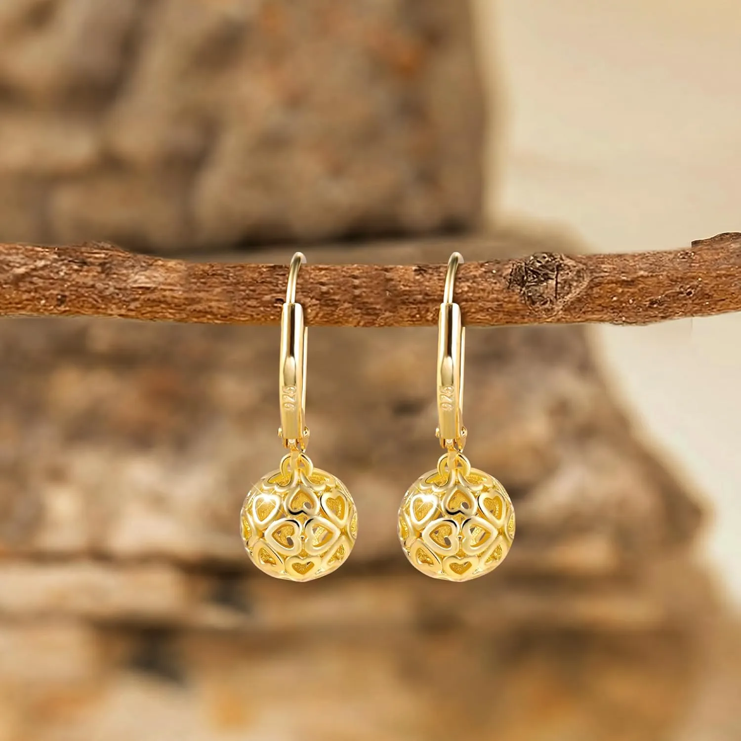 925 Sterling Silver 14K Gold French Style Leverback Earrings, Heart Dangle Drop Earrings for Women Hypoallergenic Jewelry