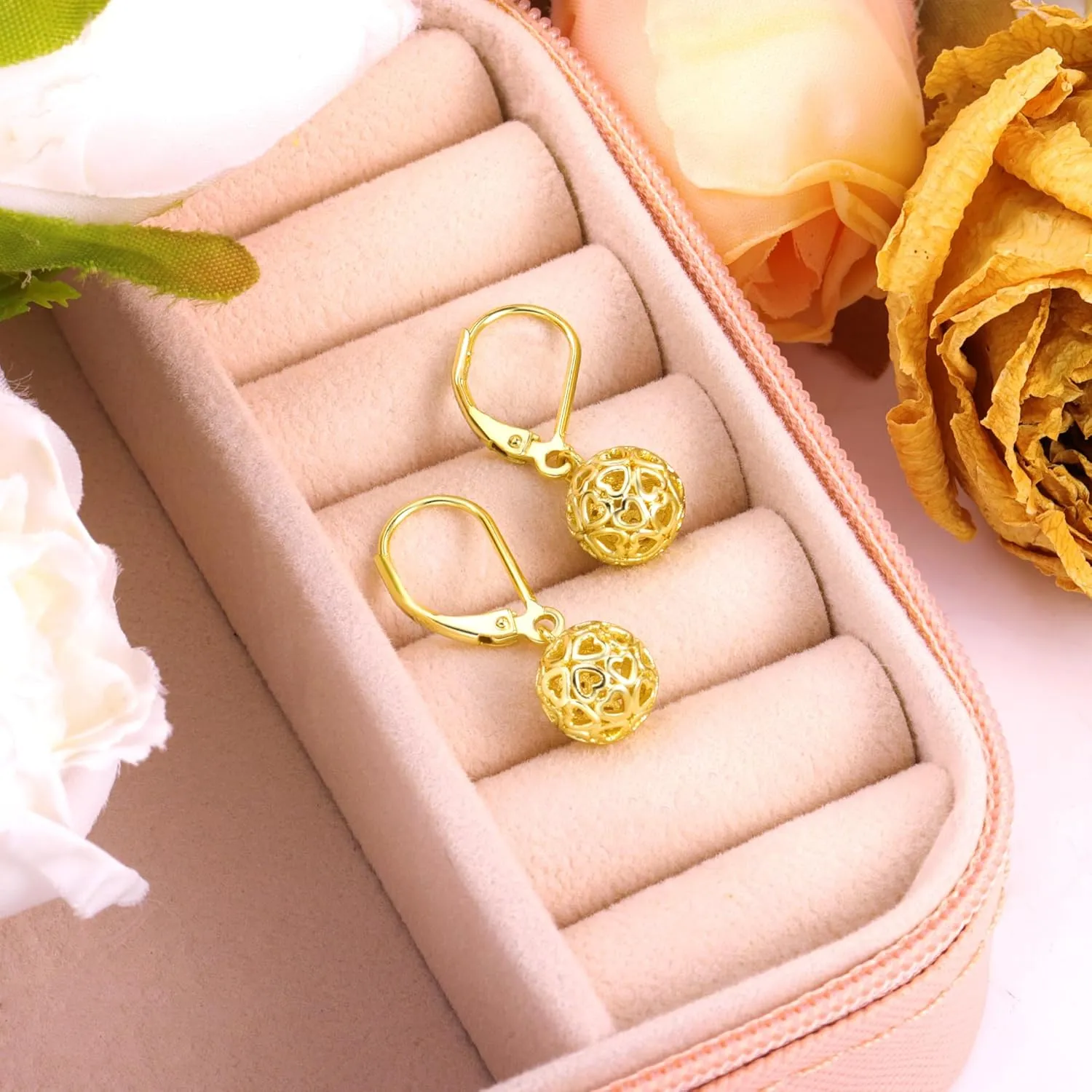 925 Sterling Silver 14K Gold French Style Leverback Earrings, Heart Dangle Drop Earrings for Women Hypoallergenic Jewelry