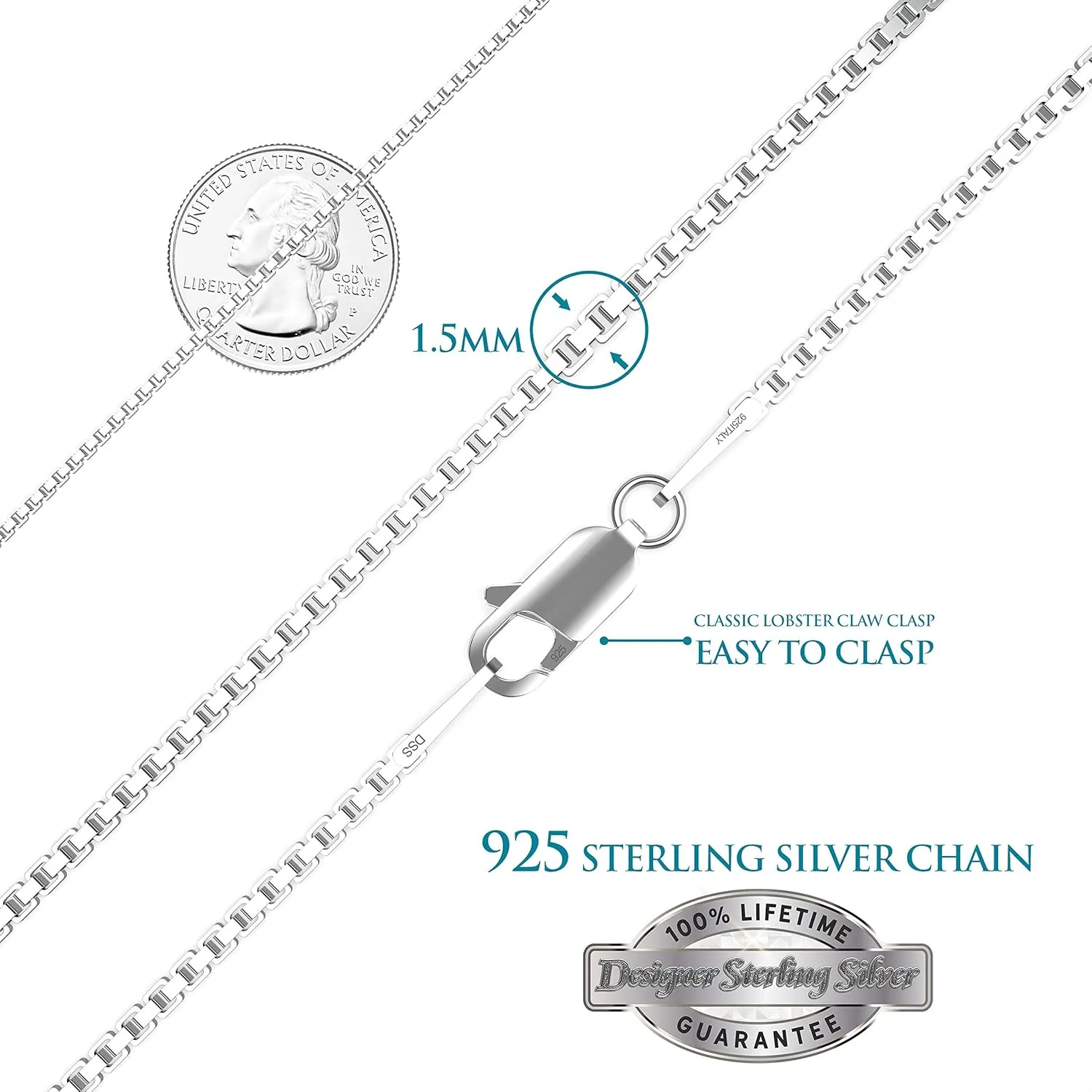 925 Sterling Silver 1.5 MM Box Chain Italian Necklace Lightweight Strong - Rhodium Plated - Lobster Claw 18 Inch