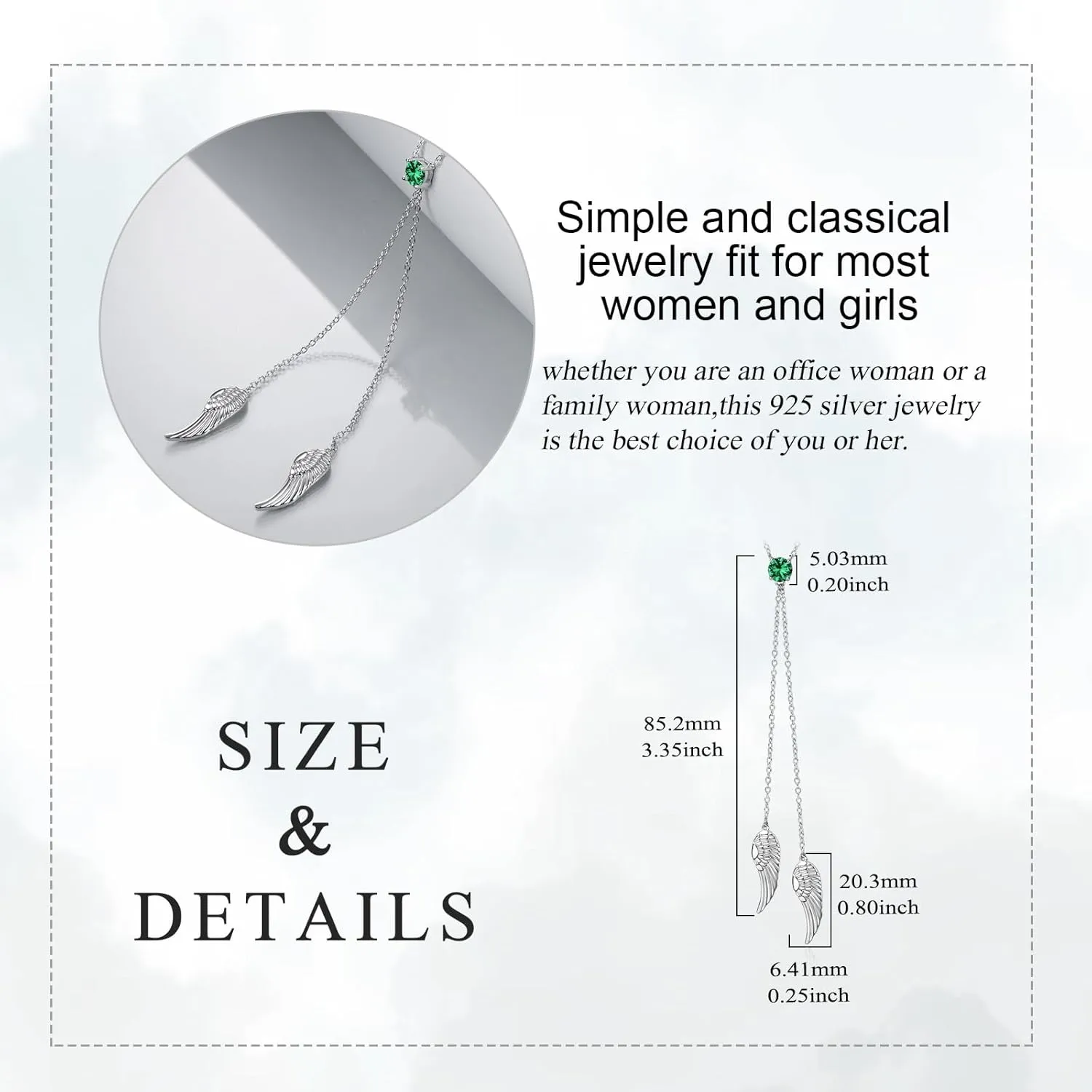 925 Sterling Silver Angel Wing Necklaces for Women Zirconia Guardian Birthstone Necklace Jewelry Angel Wing Tassel Pendant Y Necklace Jewelry Gifts for Women Girls Mom Daughter