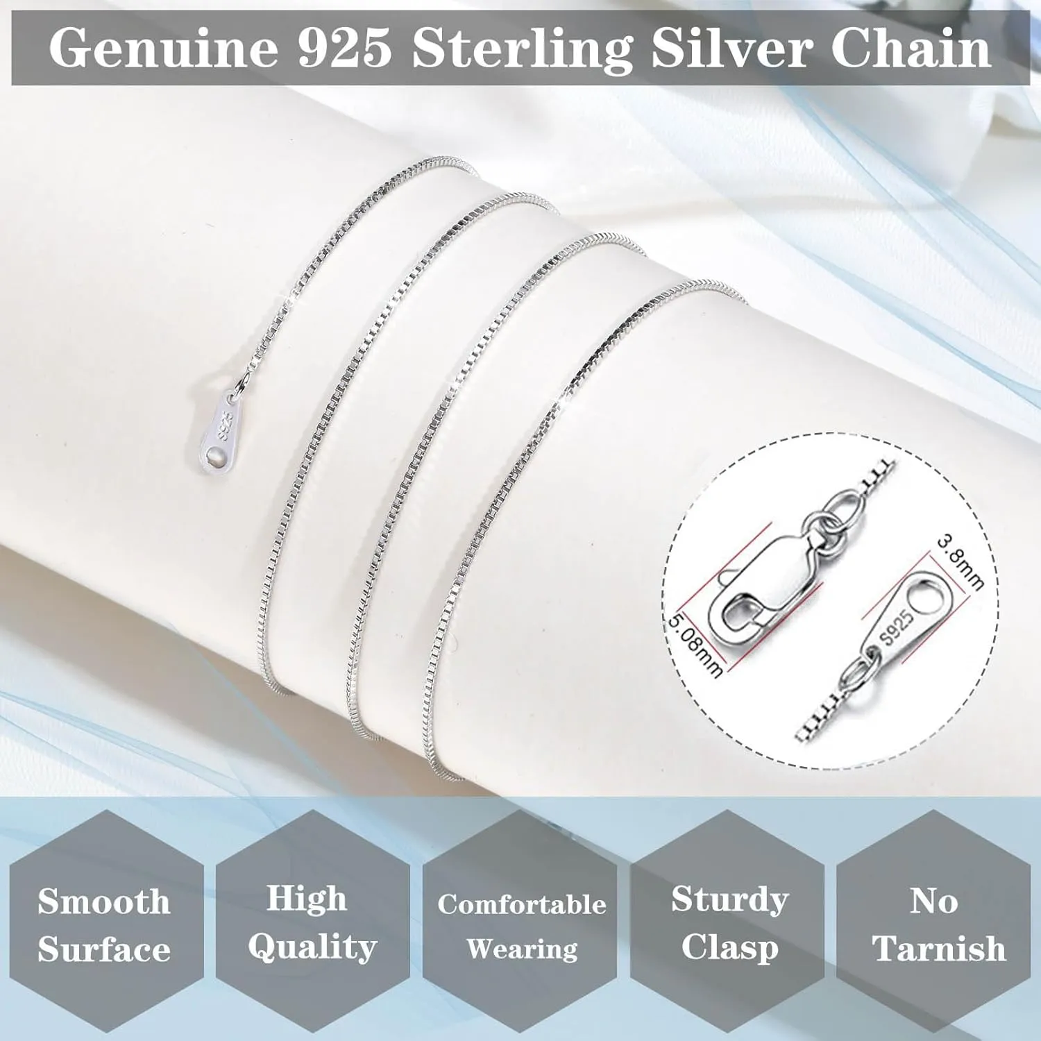 925 Sterling Silver Chain Necklace for Women 0.8mm Box Chain Dainty Women Chain Necklaces for Anniversary Birthday Valentine's Day or Christmas Gifts for Wife Mom Friends 16 18 20 22 24 Inch