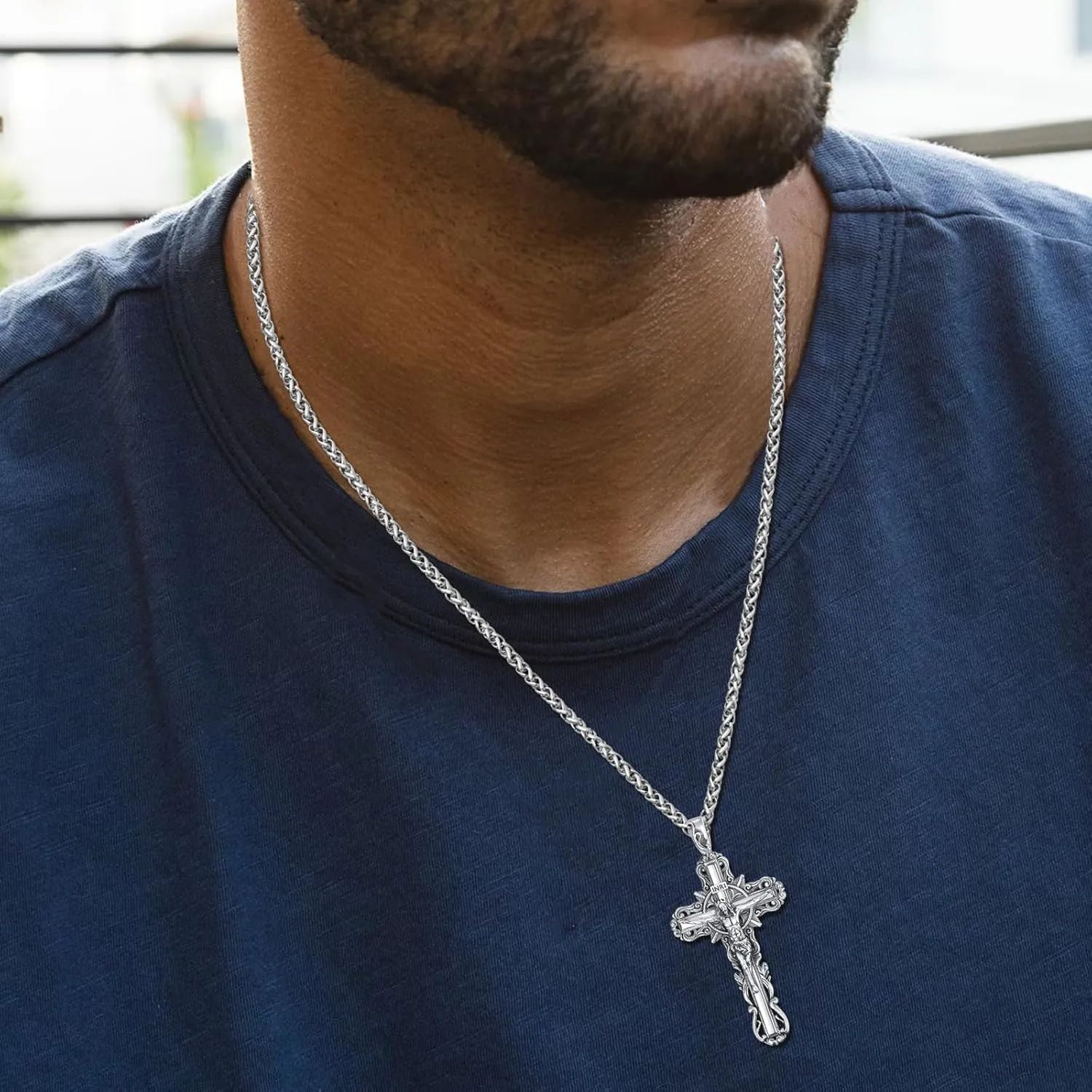 925 Sterling Silver Cross Crucifix Jesus Christ INRI Pendant Necklace for Men Women Medal Christian Religious Necklaces for Mens