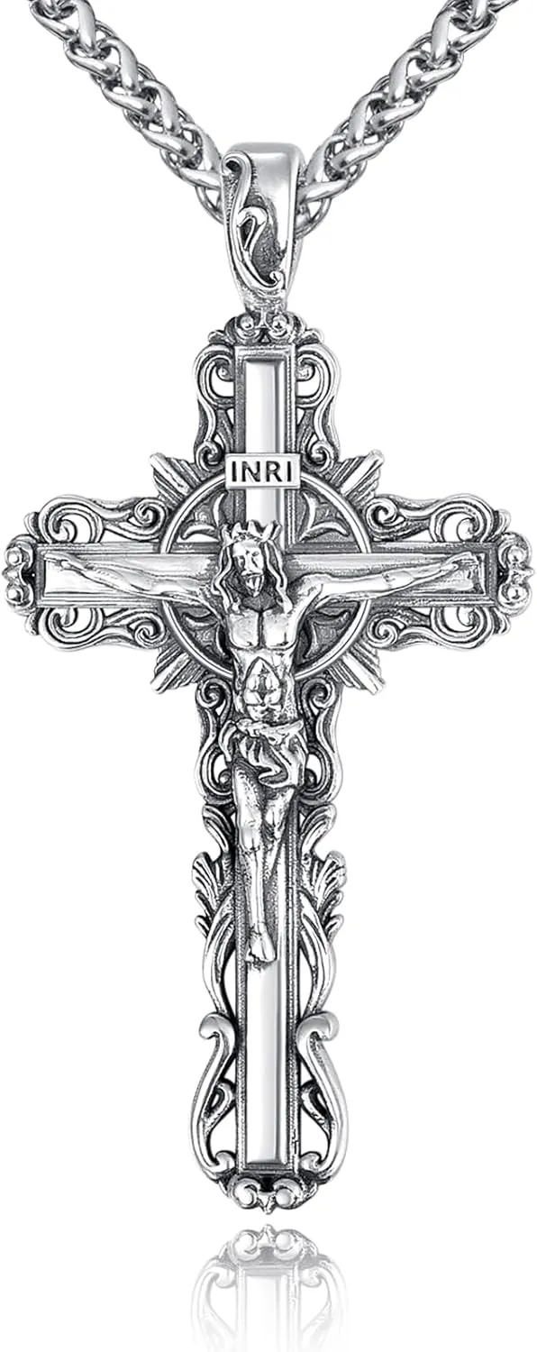 925 Sterling Silver Cross Crucifix Jesus Christ INRI Pendant Necklace for Men Women Medal Christian Religious Necklaces for Mens