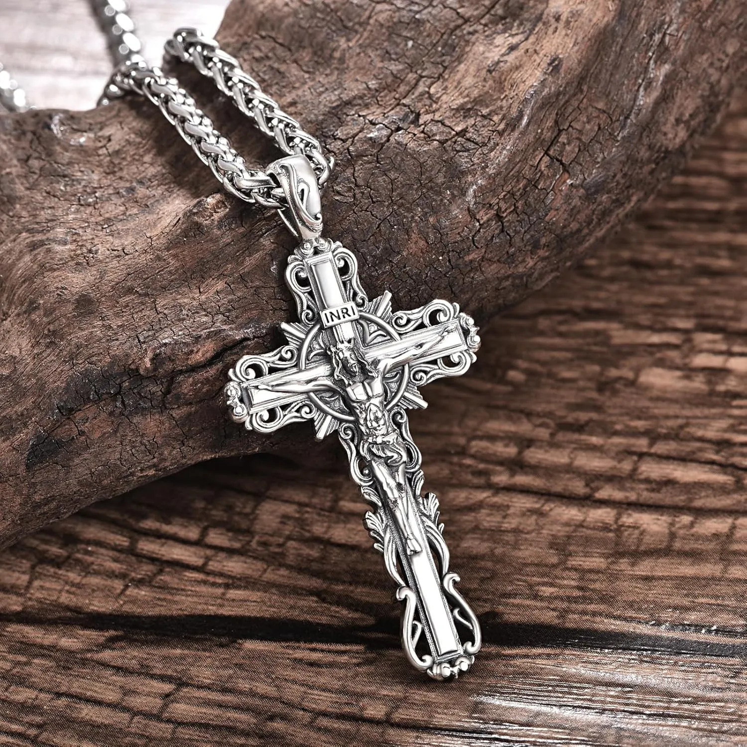 925 Sterling Silver Cross Crucifix Jesus Christ INRI Pendant Necklace for Men Women Medal Christian Religious Necklaces for Mens
