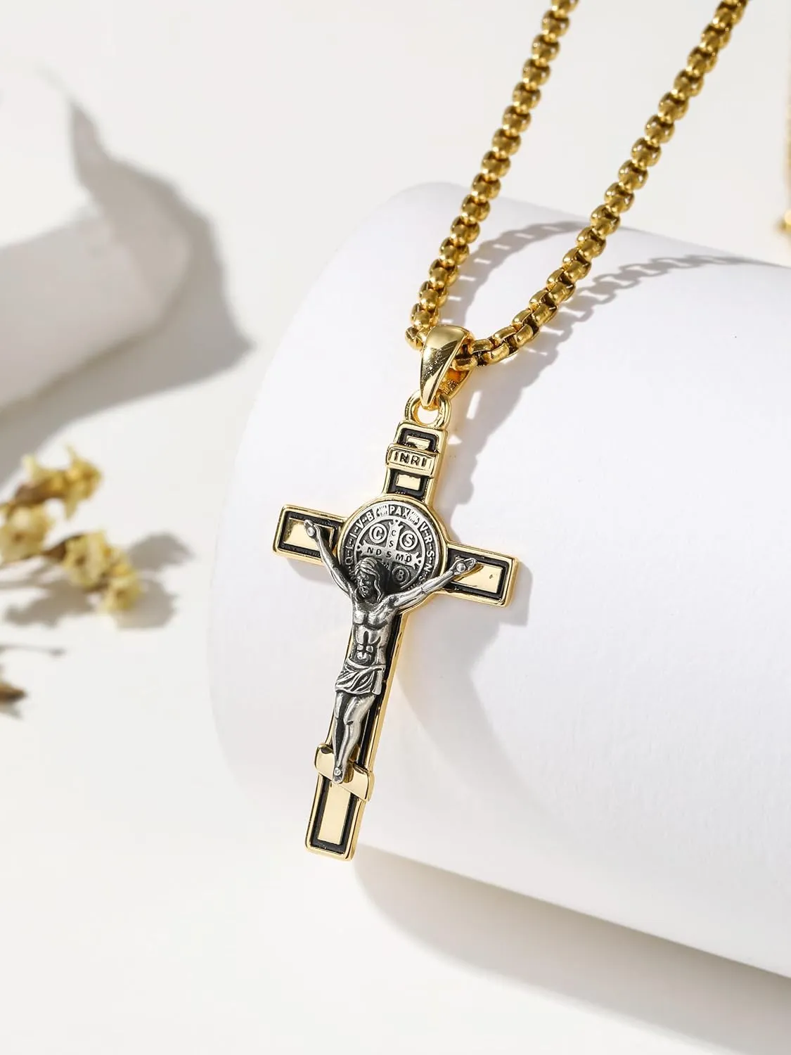 925 Sterling Silver Cross Crucifix Jesus Christ INRI Pendant Necklace for Men Women Medal Christian Religious Necklaces for Mens