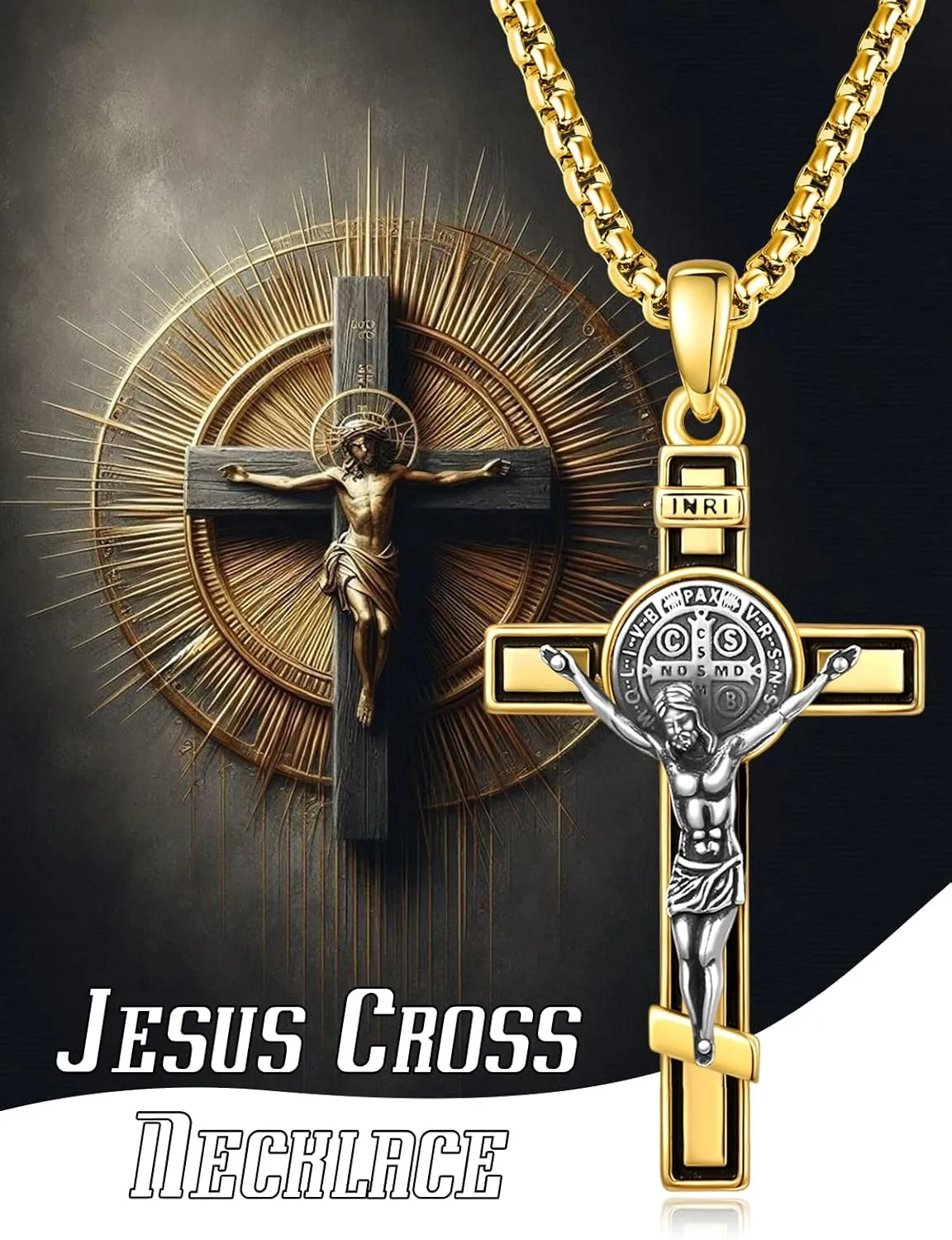 925 Sterling Silver Cross Crucifix Jesus Christ INRI Pendant Necklace for Men Women Medal Christian Religious Necklaces for Mens