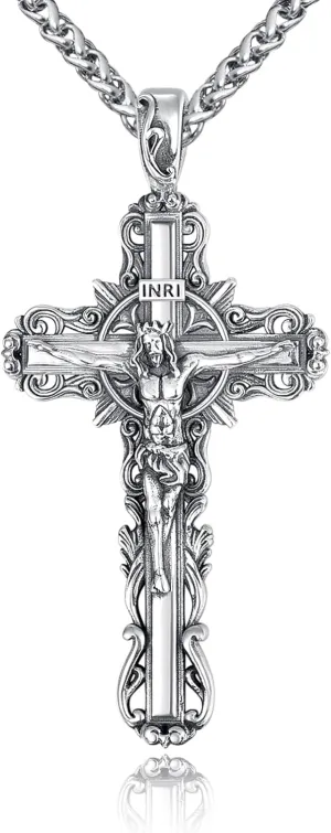 925 Sterling Silver Cross Crucifix Jesus Christ INRI Pendant Necklace for Men Women Medal Christian Religious Necklaces for Mens