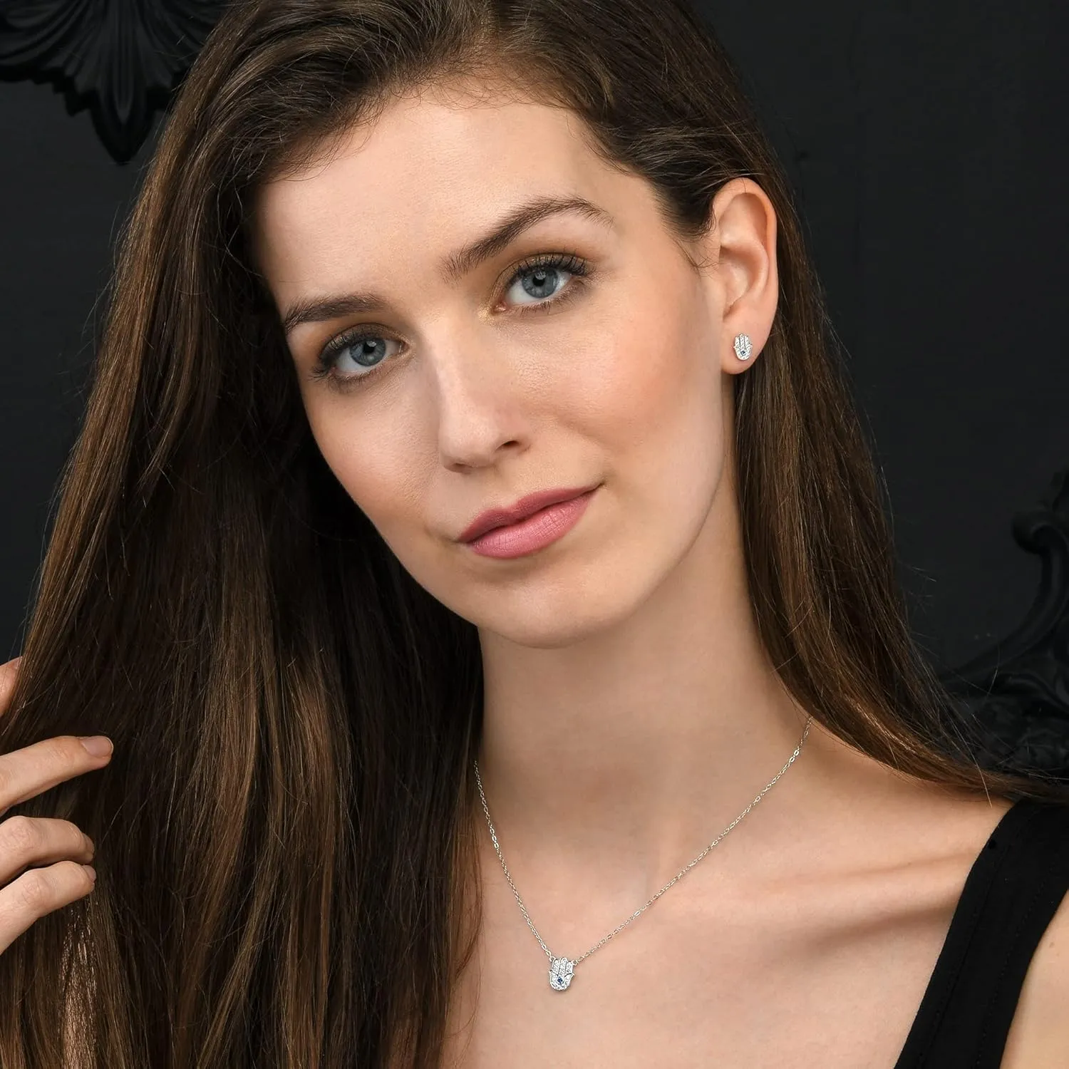 925 Sterling Silver Hamsa Necklace for Women, Silver, Yellow Gold, or Rose Gold Hamsa Pendant Necklace with Cubic Zirconia Stones, Dainty Silver Jewelry for Women
