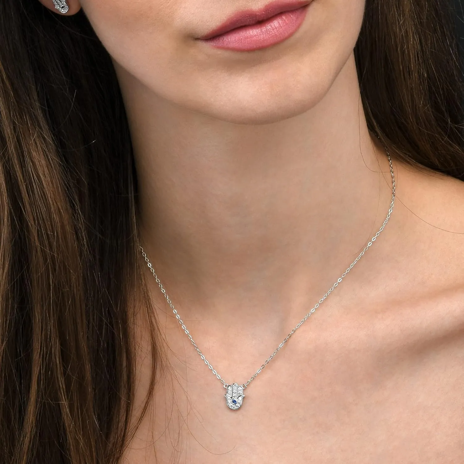 925 Sterling Silver Hamsa Necklace for Women, Silver, Yellow Gold, or Rose Gold Hamsa Pendant Necklace with Cubic Zirconia Stones, Dainty Silver Jewelry for Women