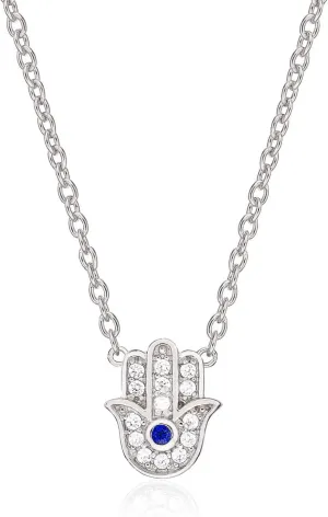 925 Sterling Silver Hamsa Necklace for Women, Silver, Yellow Gold, or Rose Gold Hamsa Pendant Necklace with Cubic Zirconia Stones, Dainty Silver Jewelry for Women