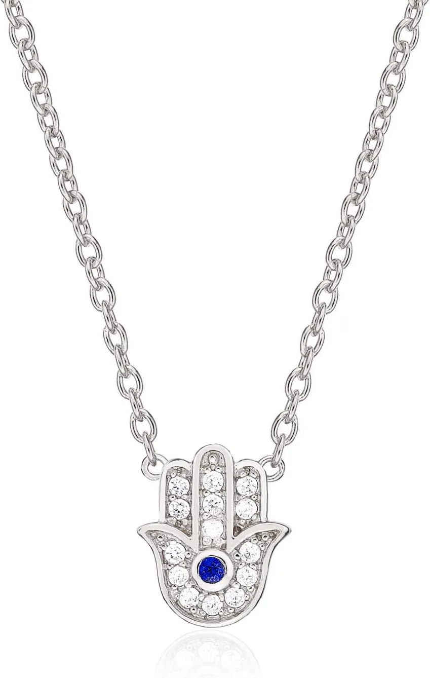 925 Sterling Silver Hamsa Necklace for Women, Silver, Yellow Gold, or Rose Gold Hamsa Pendant Necklace with Cubic Zirconia Stones, Dainty Silver Jewelry for Women