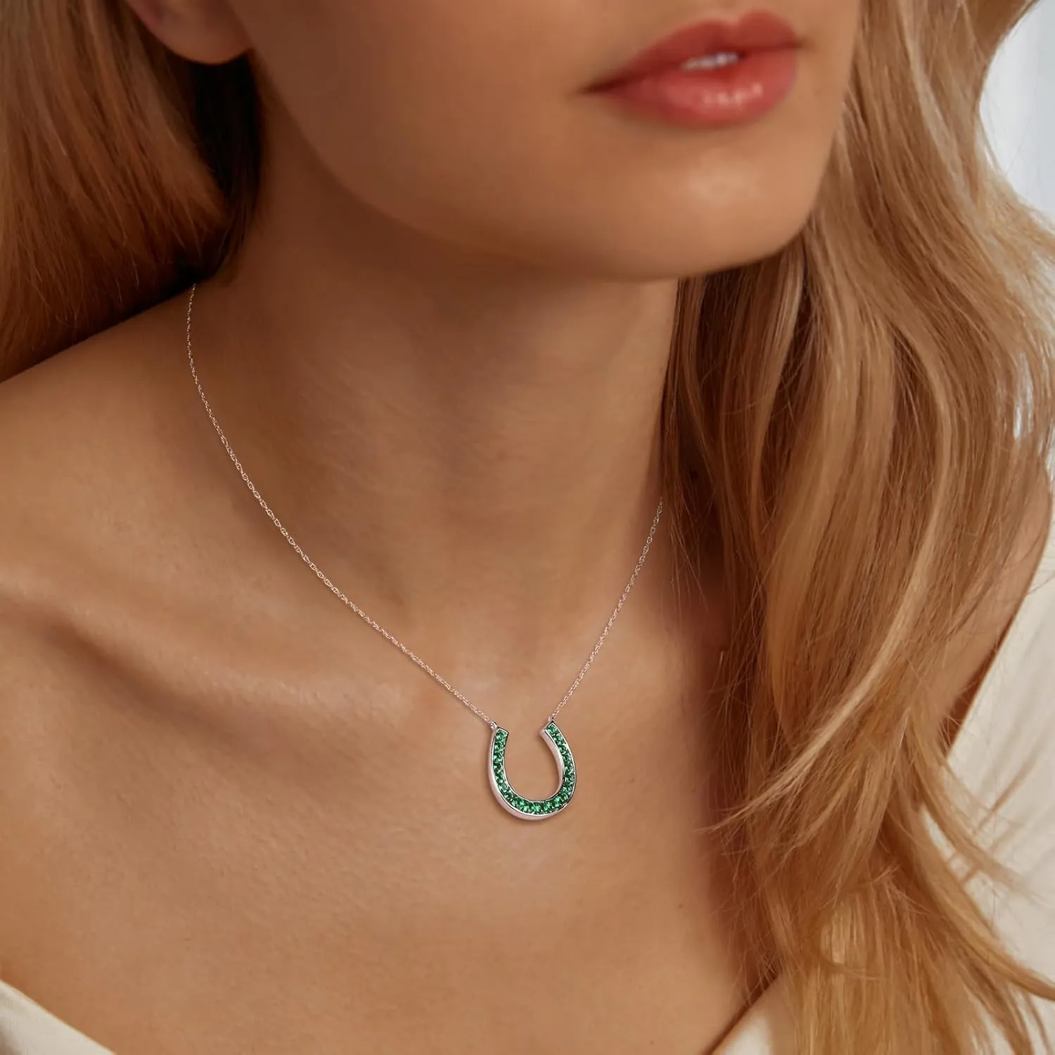 925 Sterling Silver Horseshoe Necklace Created Gemstone Birthstone Necklace Channel Set Horse Shoe Pendant Necklace Lucky Jewelry