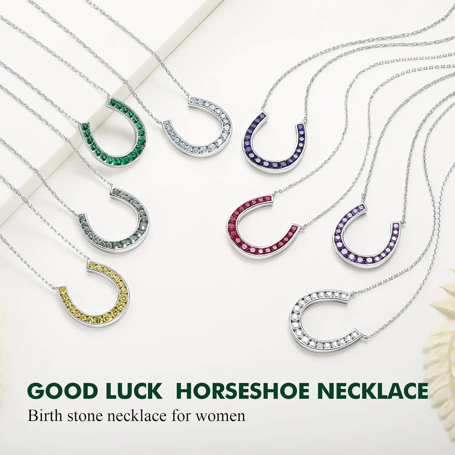 925 Sterling Silver Horseshoe Necklace Created Gemstone Birthstone Necklace Channel Set Horse Shoe Pendant Necklace Lucky Jewelry