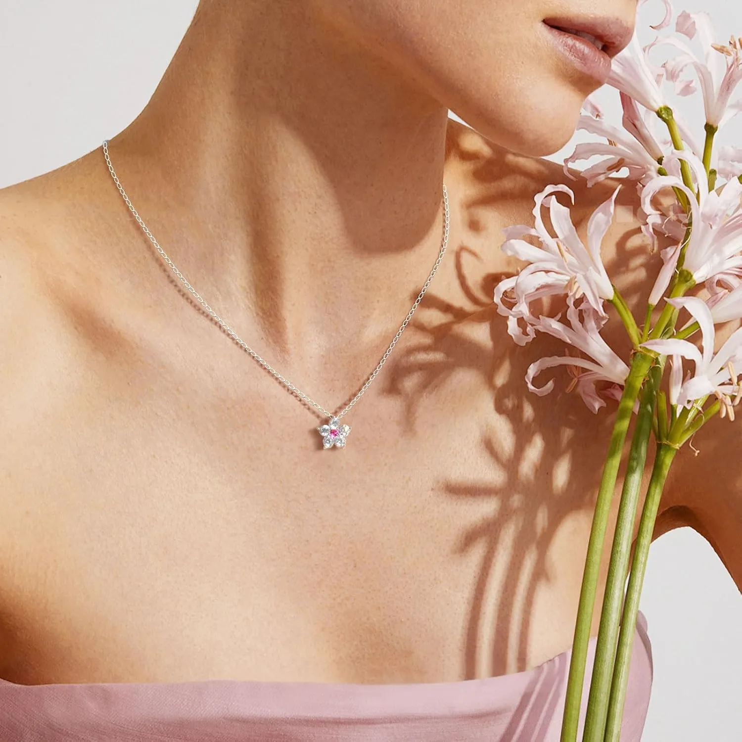 925 Sterling Silver Necklace for Women - Crystal Flower Pendant with 18K Gold Plated Chain for Girls Dainty Cubic Zirconia Necklaces Trendy Jewelry Gifts for Her Valentines Birthday
