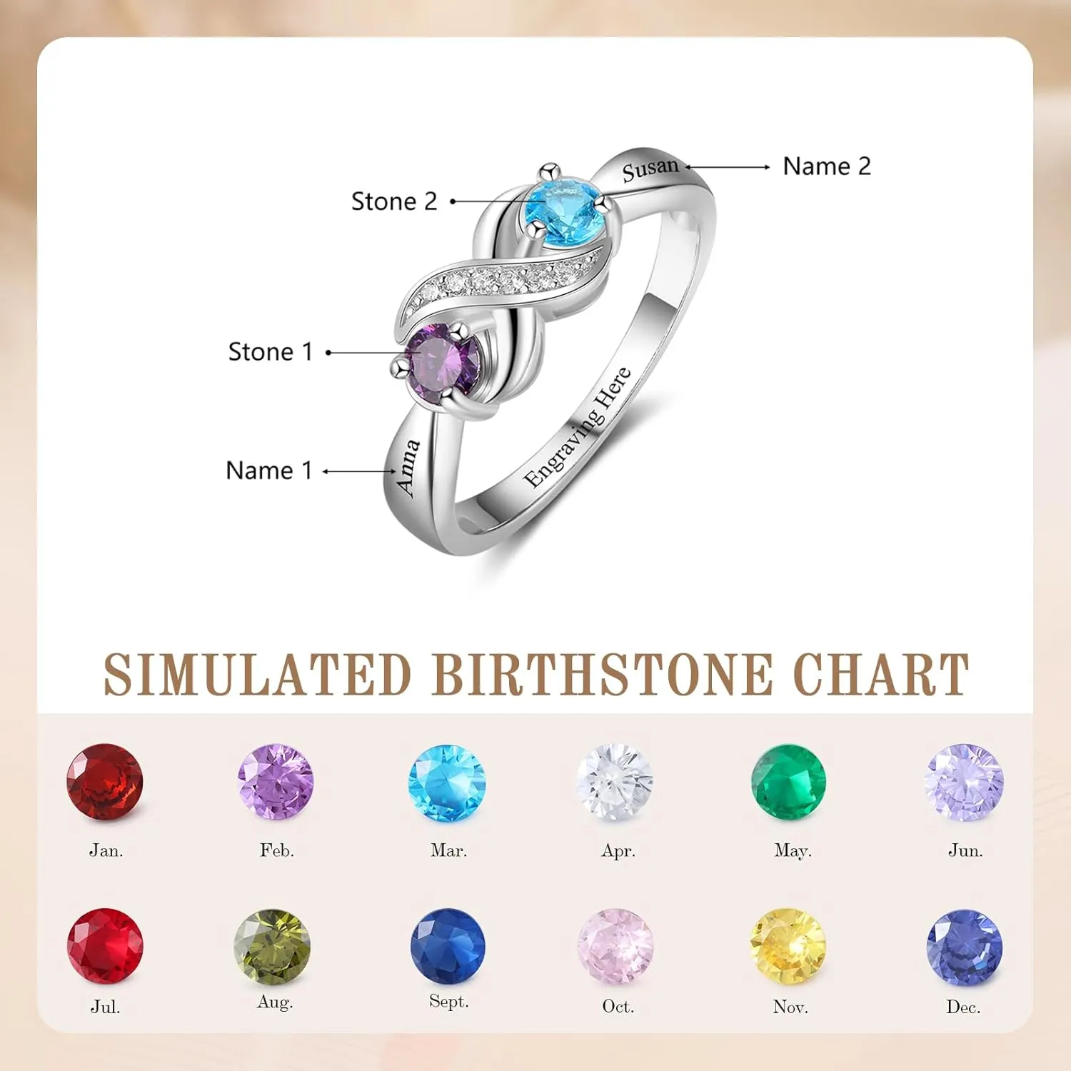 925 Sterling Silver Personalized Mothers Ring with 2 Birthstones Custom Engraved Name Engagement Wedding Promise Rings for Women Mothers Day Birthday Gifts for Mom Grandma Wife