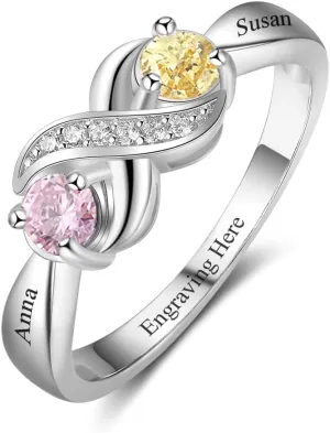 925 Sterling Silver Personalized Mothers Ring with 2 Birthstones Custom Engraved Name Engagement Wedding Promise Rings for Women Mothers Day Birthday Gifts for Mom Grandma Wife
