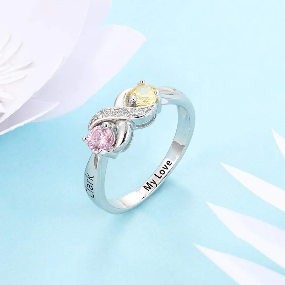 925 Sterling Silver Personalized Mothers Ring with 2 Birthstones Custom Engraved Name Engagement Wedding Promise Rings for Women Mothers Day Birthday Gifts for Mom Grandma Wife