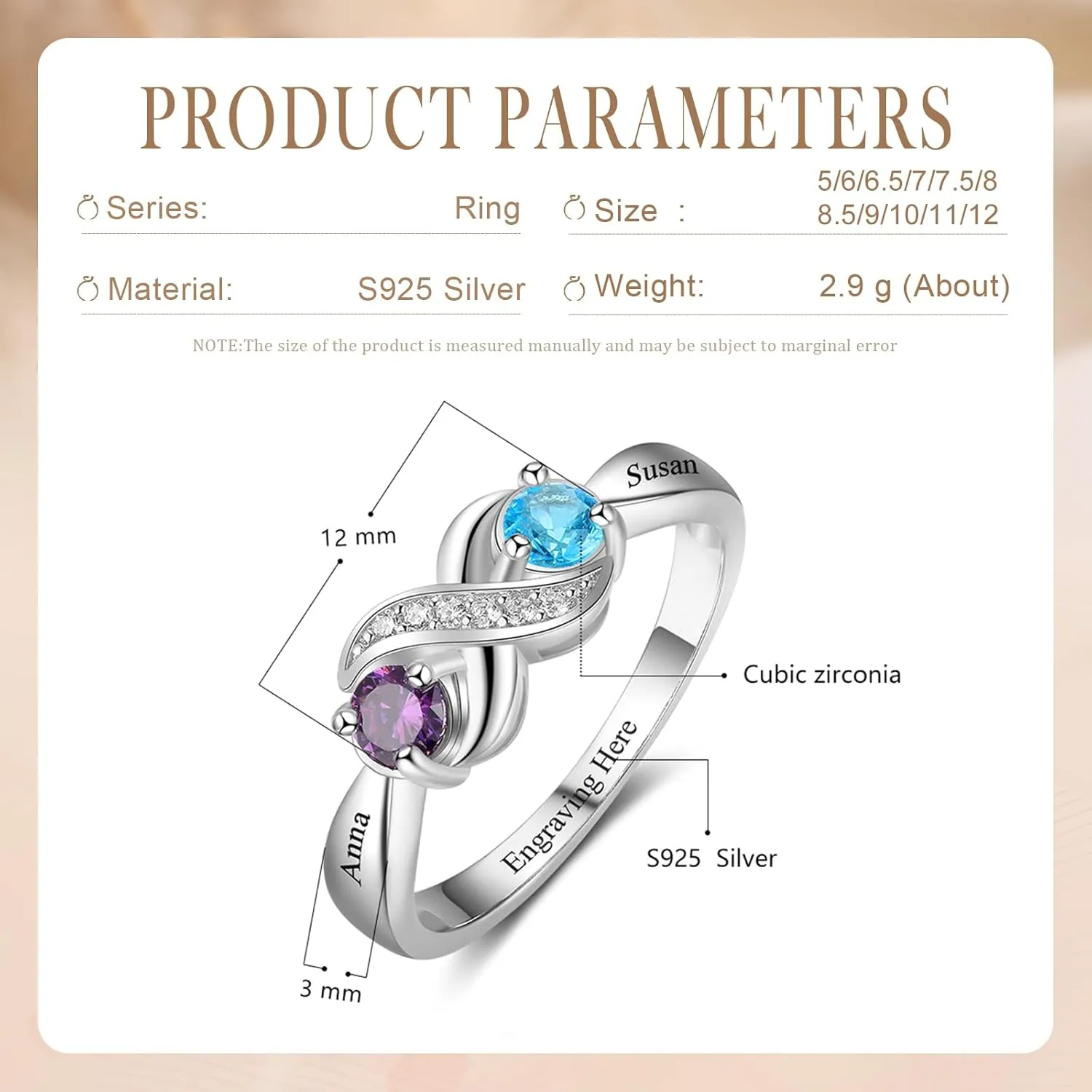 925 Sterling Silver Personalized Mothers Ring with 2 Birthstones Custom Engraved Name Engagement Wedding Promise Rings for Women Mothers Day Birthday Gifts for Mom Grandma Wife