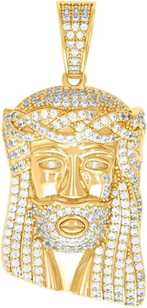 925 Sterling Silver Yellow tone Mens 2.06ct Moissanite Jesus Religious Charm Pendant 52.3x21.7mm Wide Necklace for Men