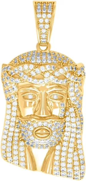 925 Sterling Silver Yellow tone Mens 2.06ct Moissanite Jesus Religious Charm Pendant 52.3x21.7mm Wide Necklace for Men