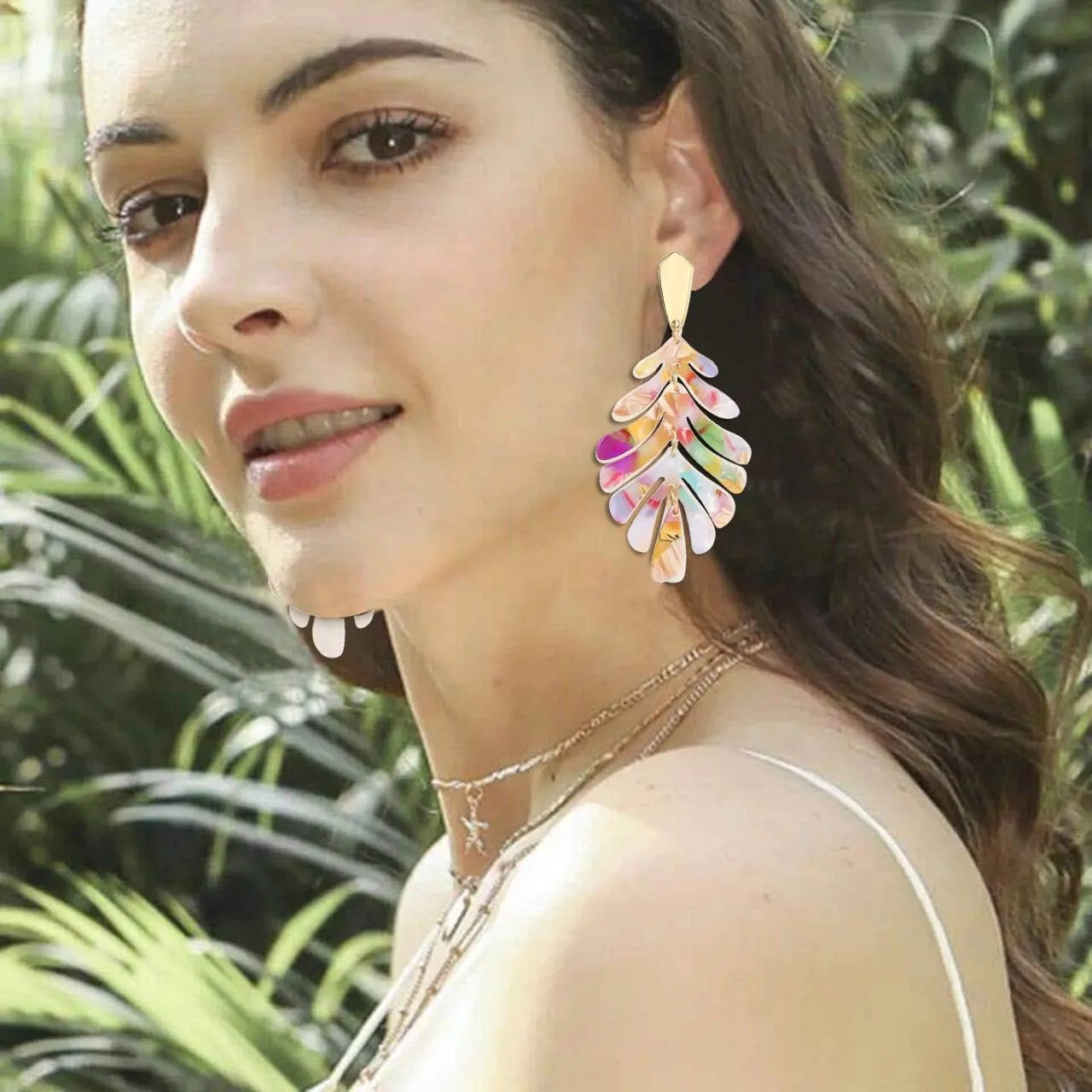 Acrylic Pendant necklace Earrings  Long Statement Leaf Charm Necklace Tortoise Resin Palm Leaf Earrings Fashion Necklaces Earrings for Women