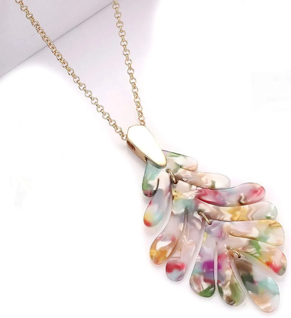 Acrylic Pendant necklace Earrings  Long Statement Leaf Charm Necklace Tortoise Resin Palm Leaf Earrings Fashion Necklaces Earrings for Women