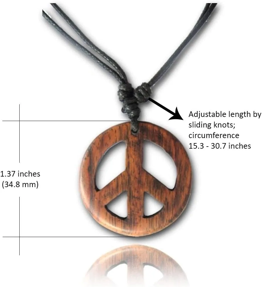 Adjustable Peace Sign Pendant Necklace with Organic Wood - Hippie Accessories and Hippie Costume for 60s or 70s