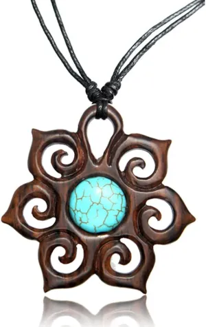 Adjustable Turquoise Necklace with Organic Wood - Mandala Flower of Life Turquoise Jewelry for Women - Western Wooden Pendant Necklace