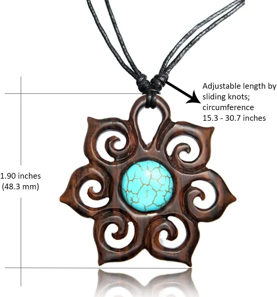 Adjustable Turquoise Necklace with Organic Wood - Mandala Flower of Life Turquoise Jewelry for Women - Western Wooden Pendant Necklace