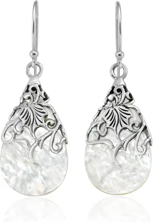 AeraVida Vintage Floral Vine Ornate Teardrop White Mother of Pearl .925 Sterling Silver Dangle Earrings | Chic Style Sterling Silver Dangle Earring for Women | Everyday Face