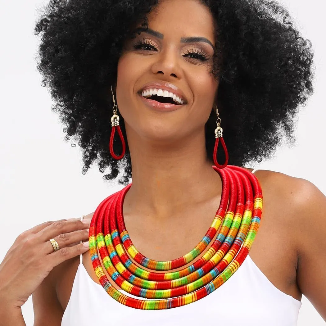 African Necklace Earrings Set Multilayer Woven Rope Choker Layered Strand Collar Statement Jewelry Accessories for Women