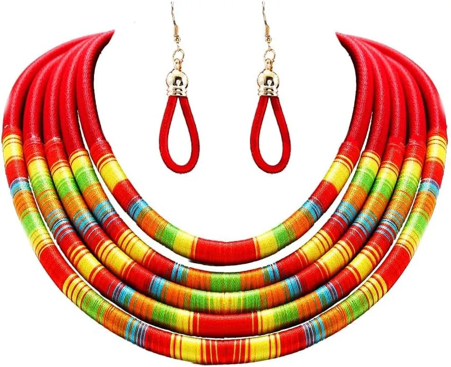 African Necklace Earrings Set Multilayer Woven Rope Choker Layered Strand Collar Statement Jewelry Accessories for Women