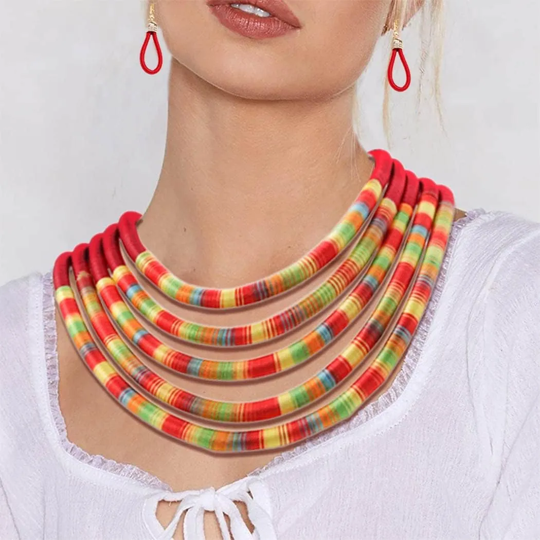 African Necklace Earrings Set Multilayer Woven Rope Choker Layered Strand Collar Statement Jewelry Accessories for Women