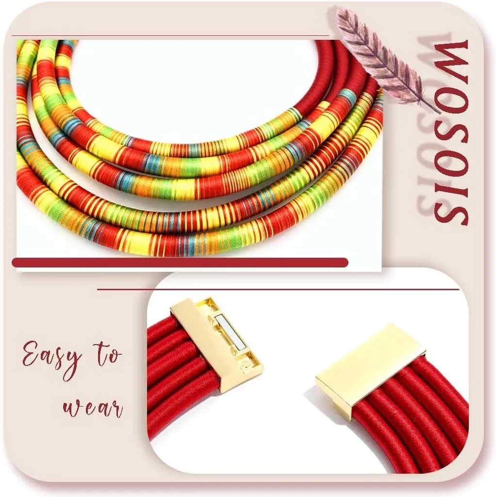 African Necklace Earrings Set Multilayer Woven Rope Choker Layered Strand Collar Statement Jewelry Accessories for Women