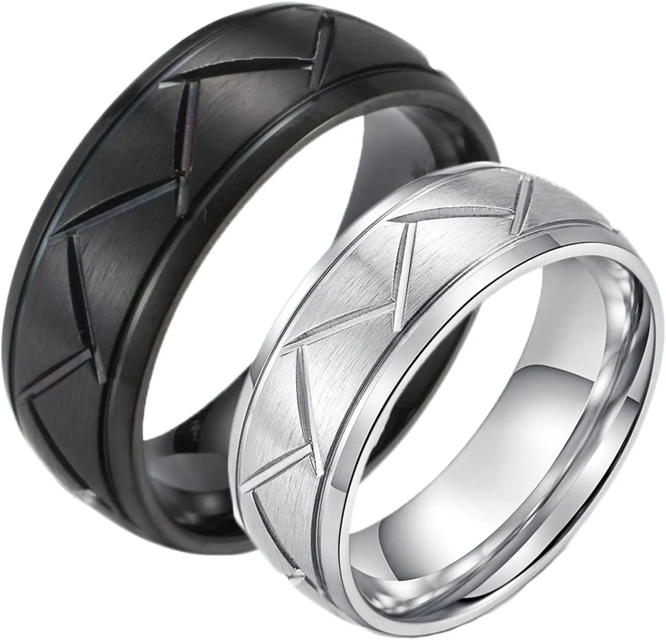Aienid Vintage Custom Rings Engraved Ring Stainless Steal Black Silver Brushed Ring 8MM