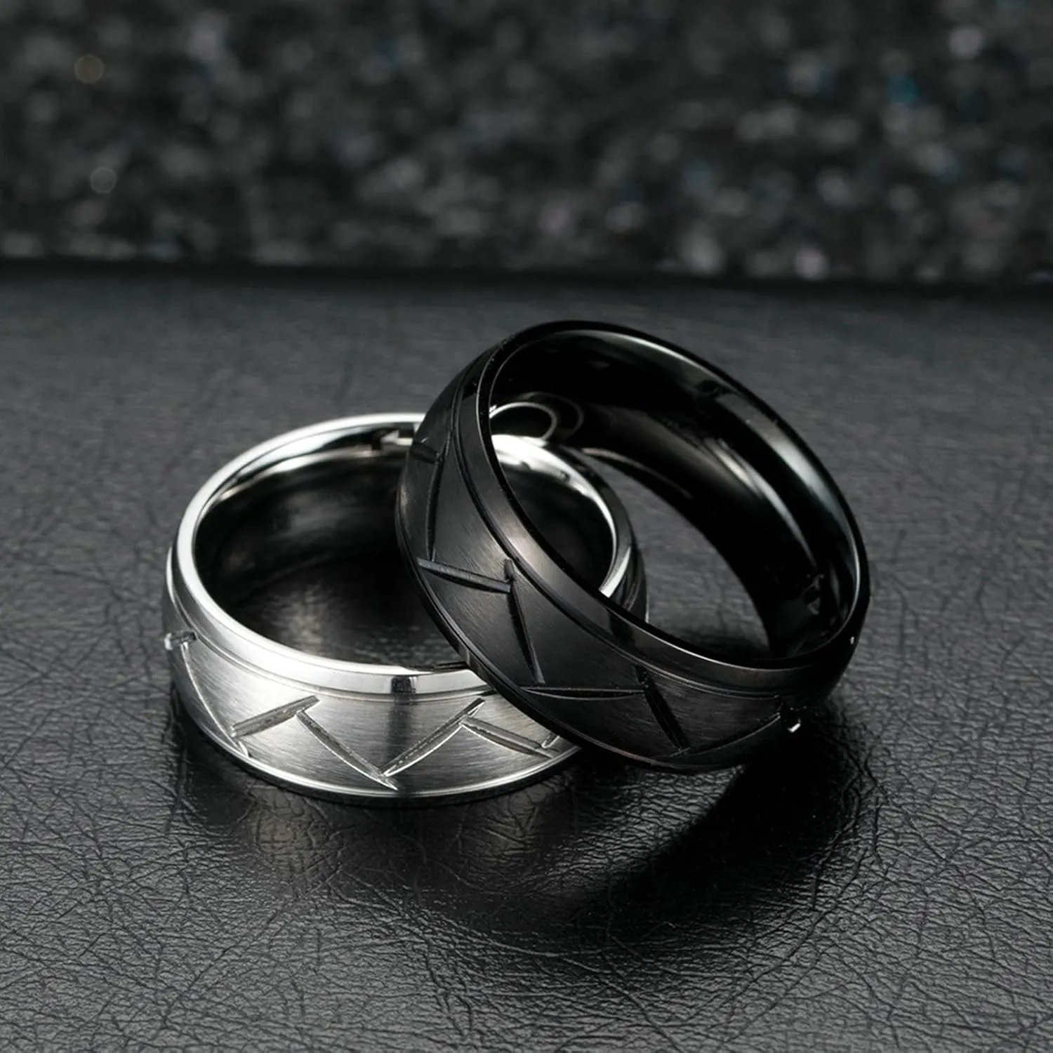 Aienid Vintage Custom Rings Engraved Ring Stainless Steal Black Silver Brushed Ring 8MM