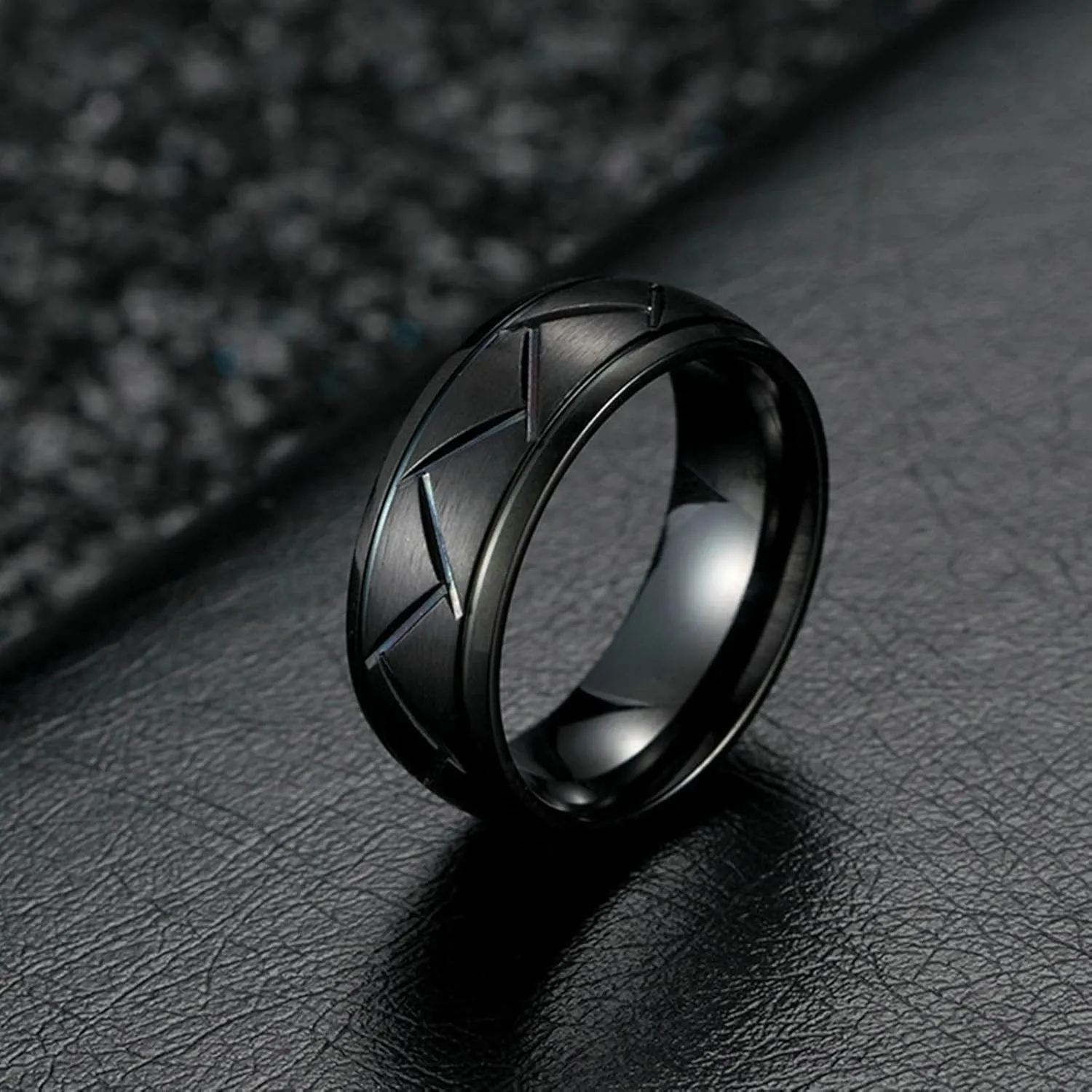 Aienid Vintage Custom Rings Engraved Ring Stainless Steal Black Silver Brushed Ring 8MM