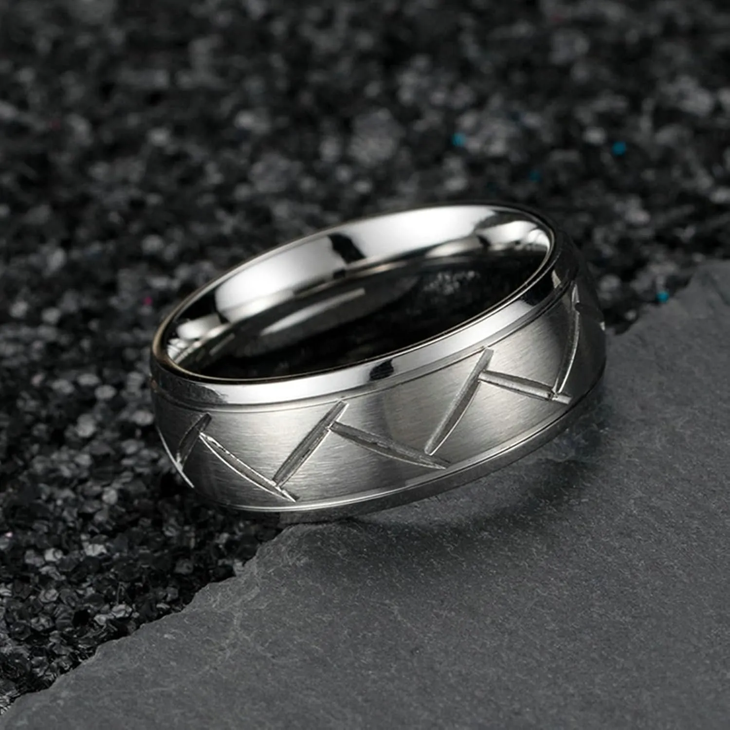 Aienid Vintage Custom Rings Engraved Ring Stainless Steal Black Silver Brushed Ring 8MM