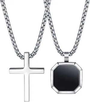 AllenCOCO 316L Stainless Steel Cross Pendant Necklace for Men, Silver Box Chain Necklace Black Square Onyx Cross Pendant Gift Ideas Cool Birthday Gifts for Men