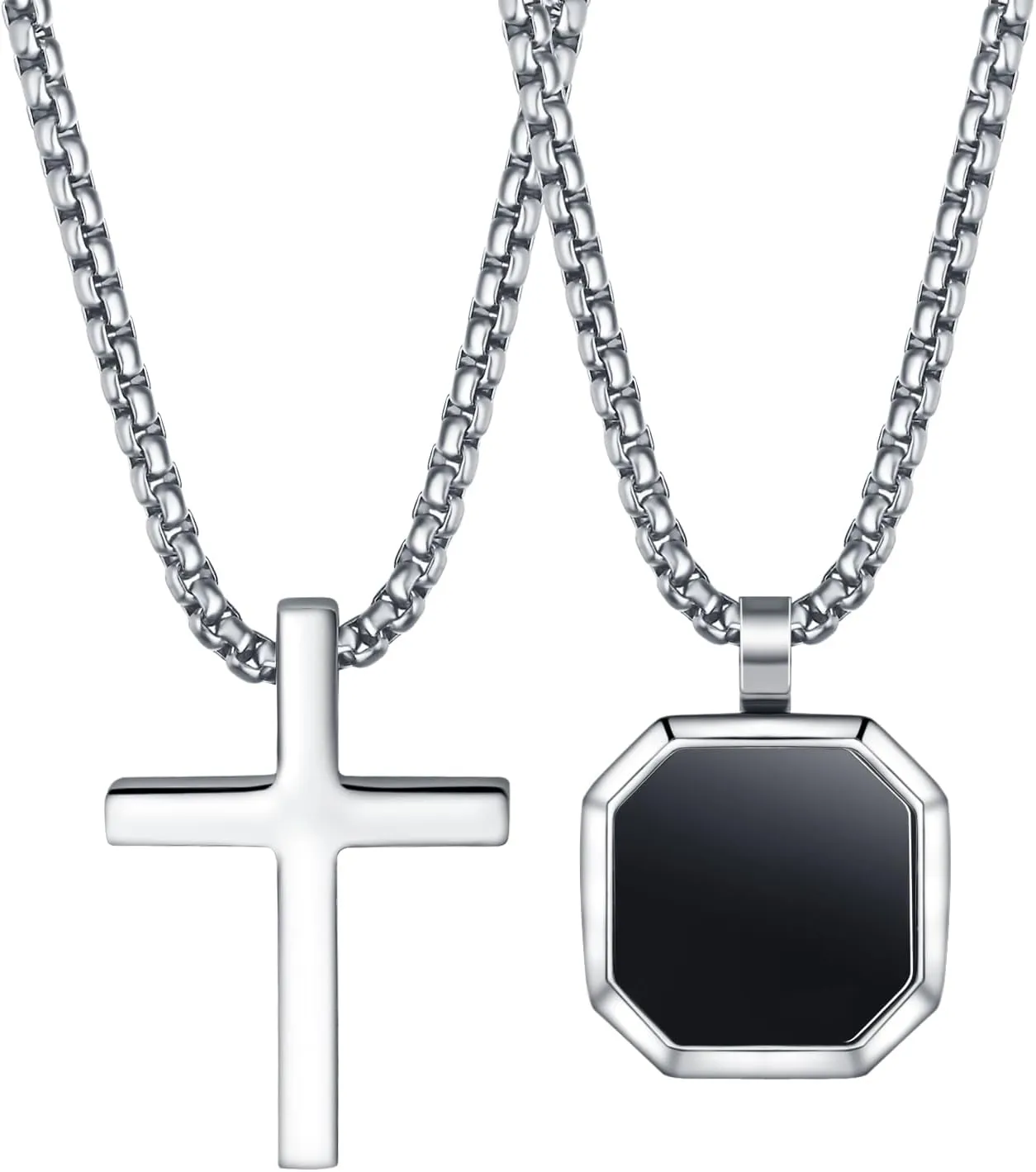 AllenCOCO 316L Stainless Steel Cross Pendant Necklace for Men, Silver Box Chain Necklace Black Square Onyx Cross Pendant Gift Ideas Cool Birthday Gifts for Men