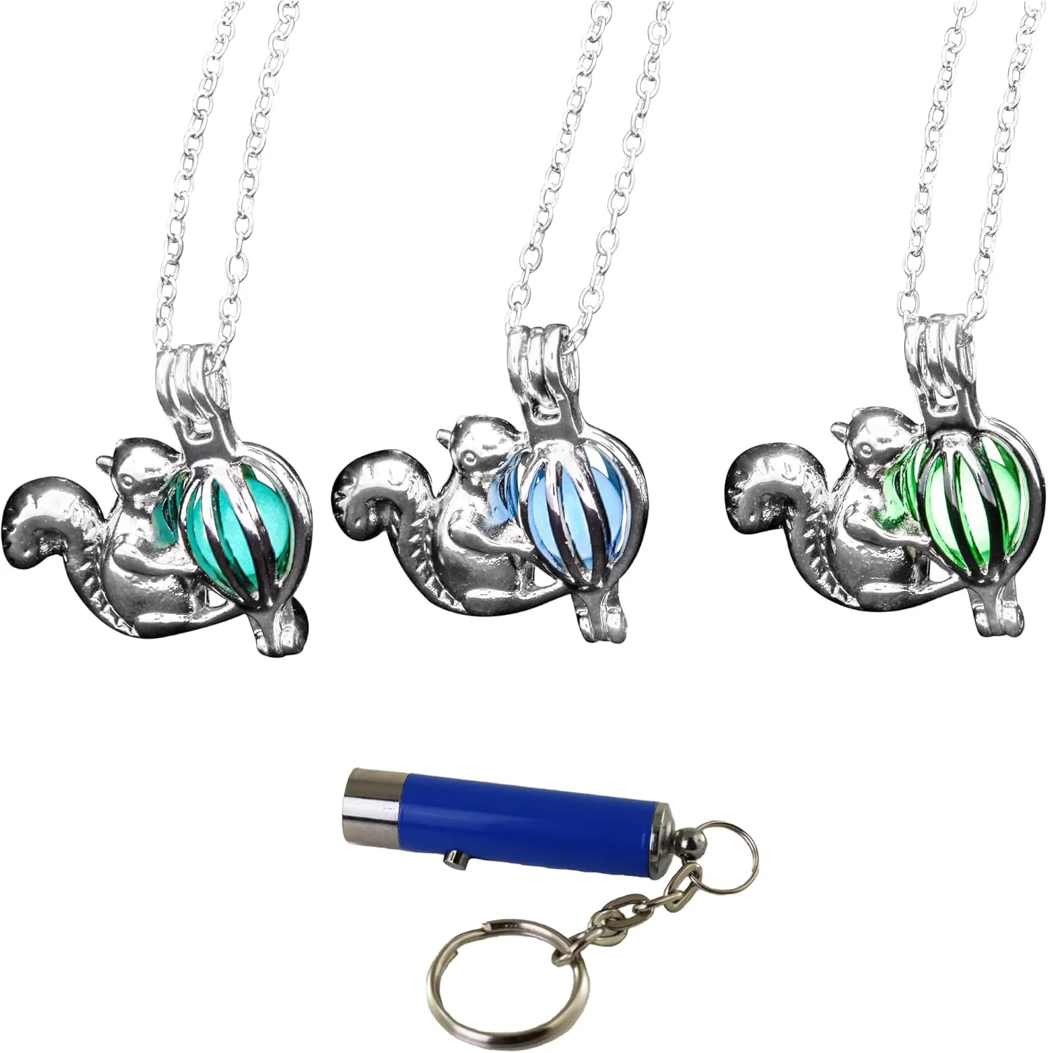 AlterImage Enchanting Squirrel Glow in The Dark Necklaces Set of 3 Luminous Jewelry Green Blue & Sky Blue Includes UV Light