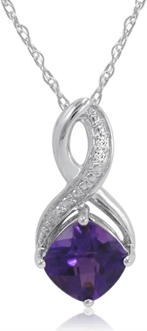 Amanda Rose Collection Gemstone and Diamond Pendant Necklace in Sterling Silver|18 inch Sterling Silver Chain|Swiss Blue Topaz or Amethyst|Diamond Necklaces for Women