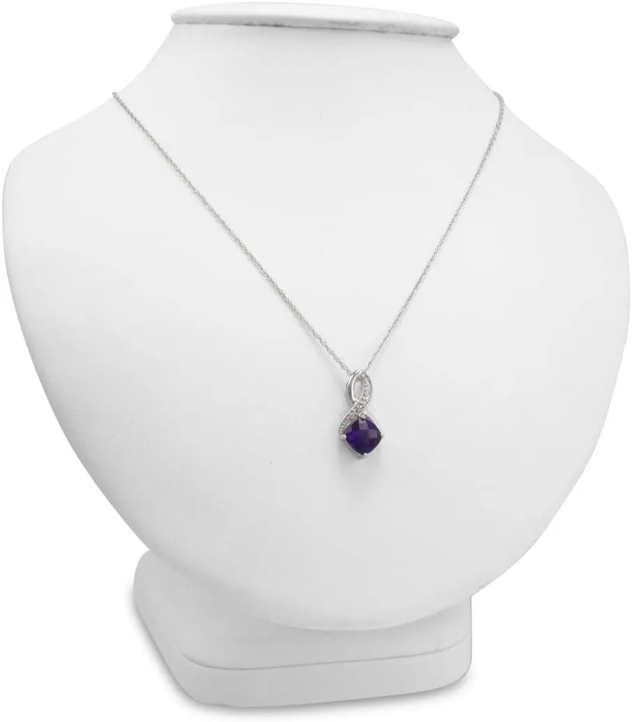 Amanda Rose Collection Gemstone and Diamond Pendant Necklace in Sterling Silver|18 inch Sterling Silver Chain|Swiss Blue Topaz or Amethyst|Diamond Necklaces for Women
